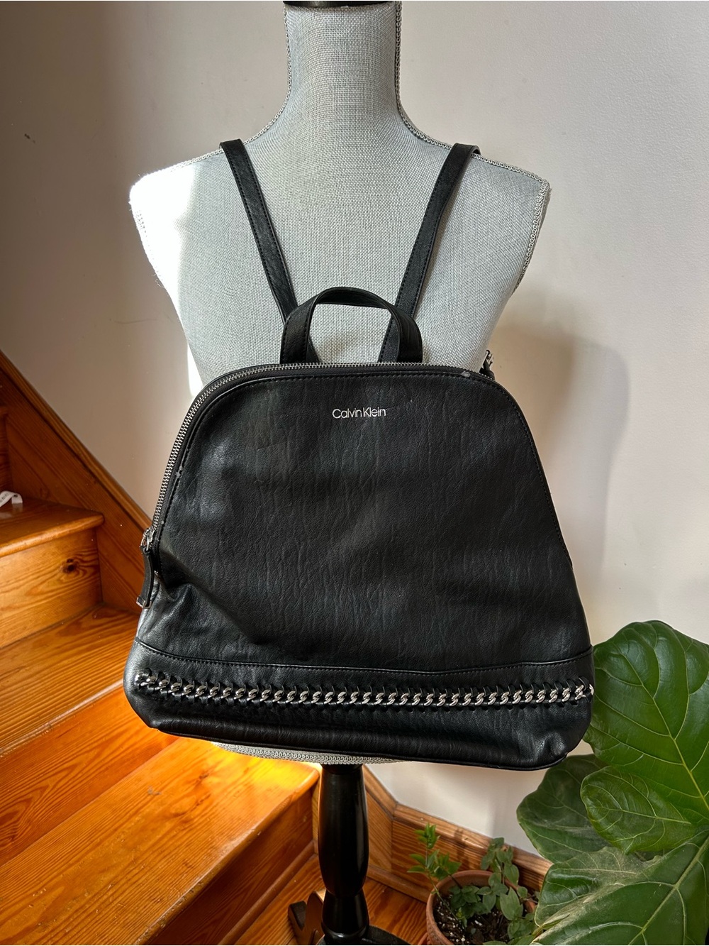 Calvin Klein Black Leather Backpack with Chain Accent
